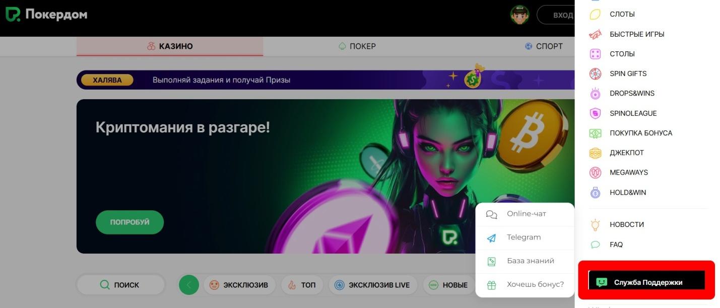 Раздел поддержки на сайте PokerDom